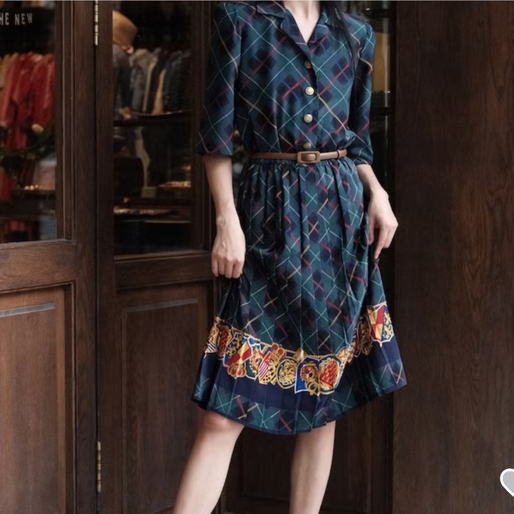 1980s Breli Originals Plaid Secretary Dress with Royal Coat of Arms Gold Trim